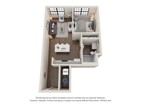 Floor plan for 1 bed, 1 bath, 667 sqft